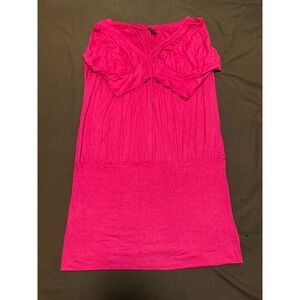 Hot Pink V Neck Ruched Gathered Waist Casual‎ Tunic Dress Women's Size M